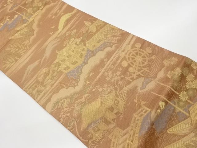 リサイクル　城に民家風景模様織出し袋帯